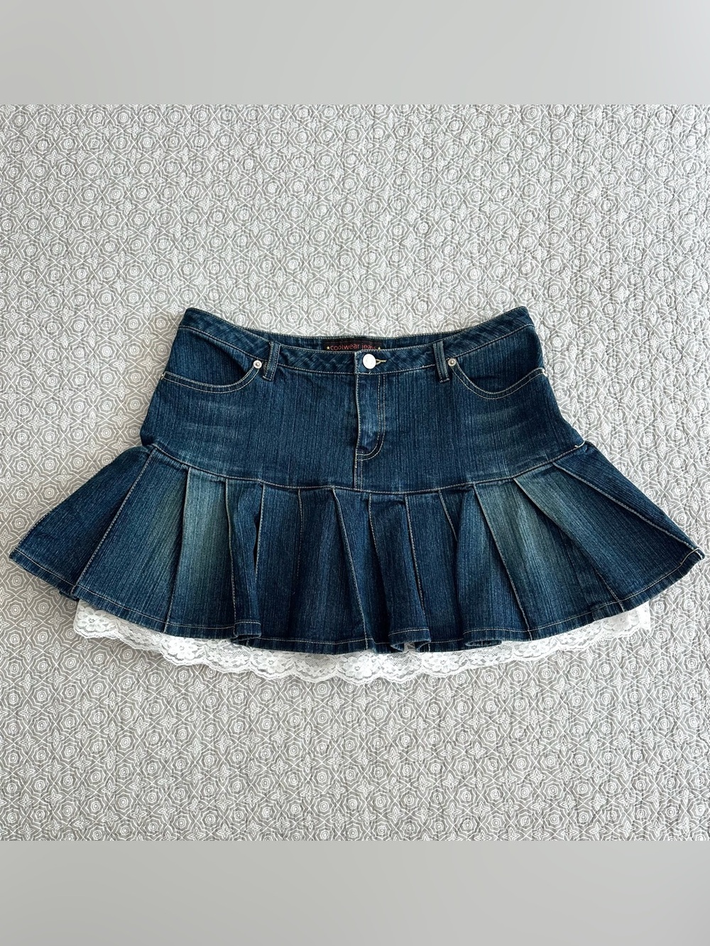 Vintage Y2K Cool Wear Jeans Denim Pleated Mini Skirt Lace Trim Juniors 9 Large